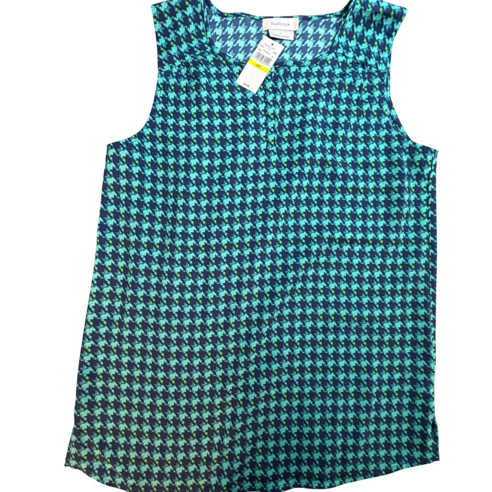 Van Heusen Womens Teal Navy Houndstooth Sleeveless Blouse Size S NWT 3381